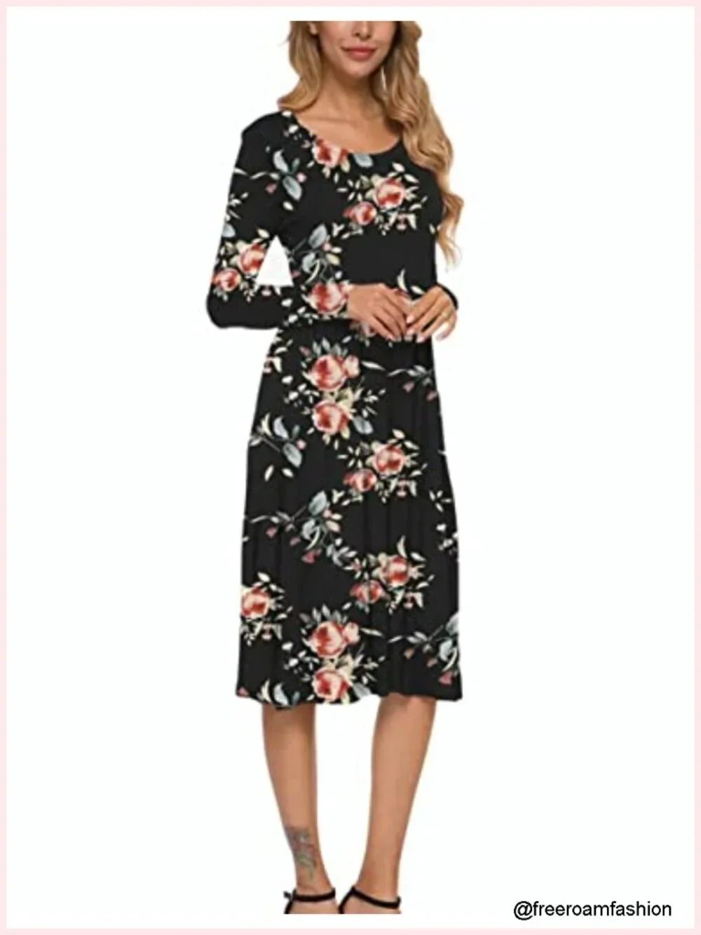 Long Sleeve Midi Dress Loose with Pockets Casual Soft Stretchy Knit Round Neck